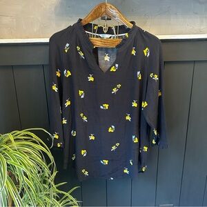 Joules Bethan Grey Pom Floral Print Ruffled Split Neck Relaxed Blouse Size 10‎